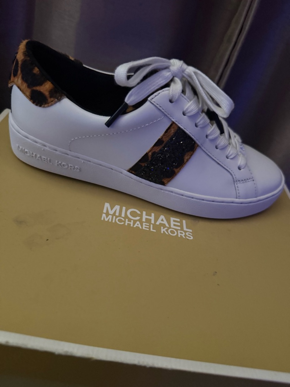 Michael Kors White Leopard Print Sneakers – Size 6M